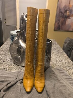 Vince Camuto Mustard Yellow Croc-Embossed Knee-High Boots